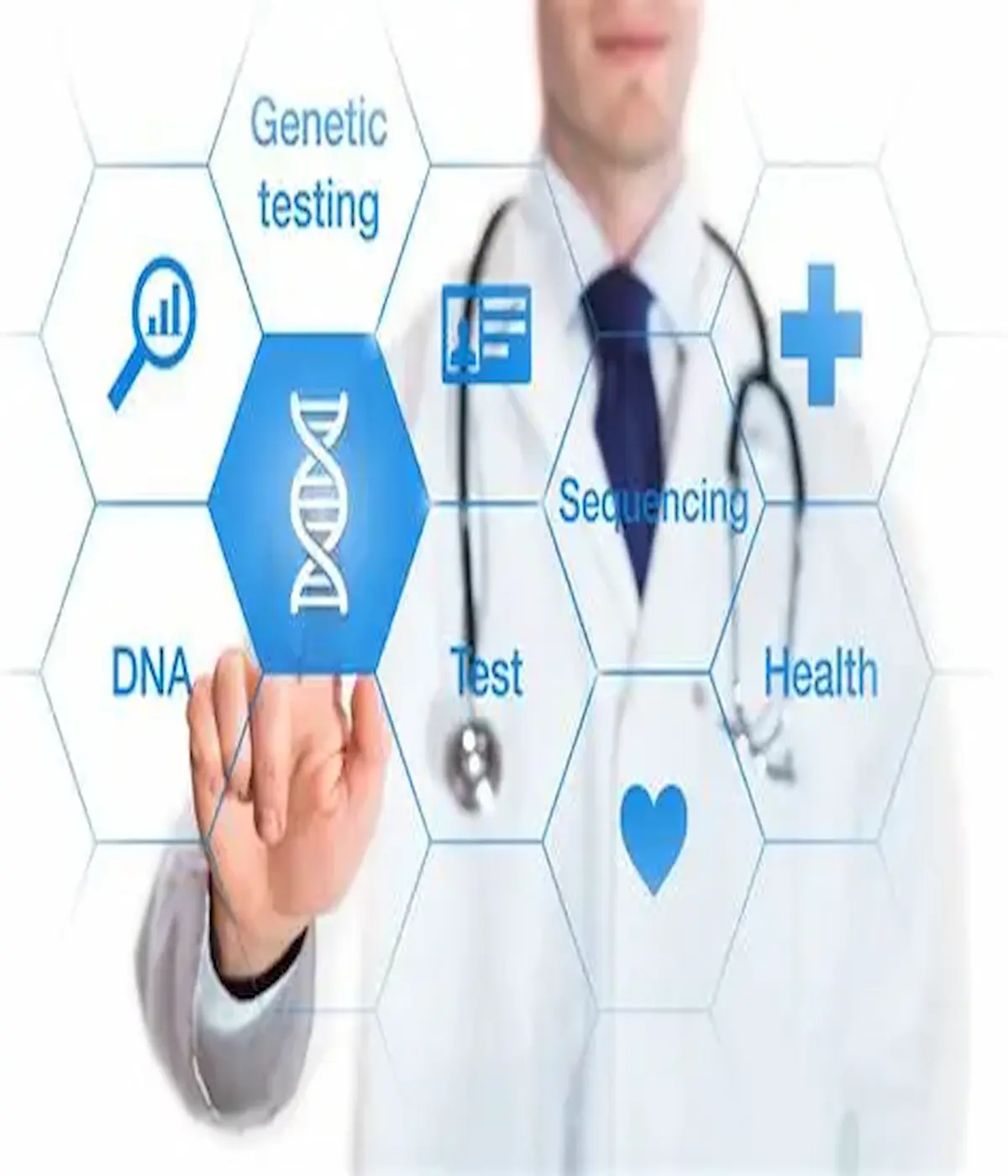 a doctor in lab coat pointing at genetic markers on a digital screen